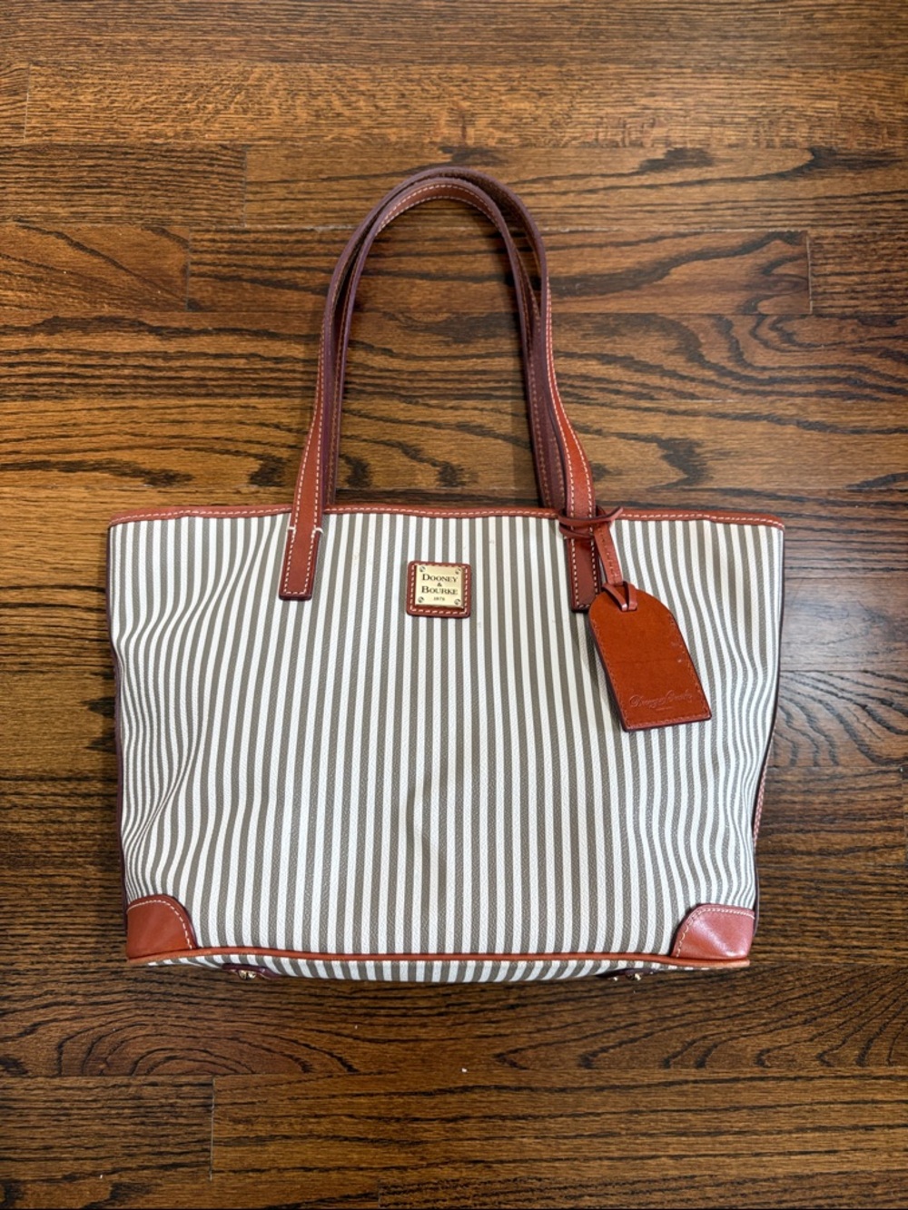 Dooney & Bourke White and Taupe Striped Leather Tote